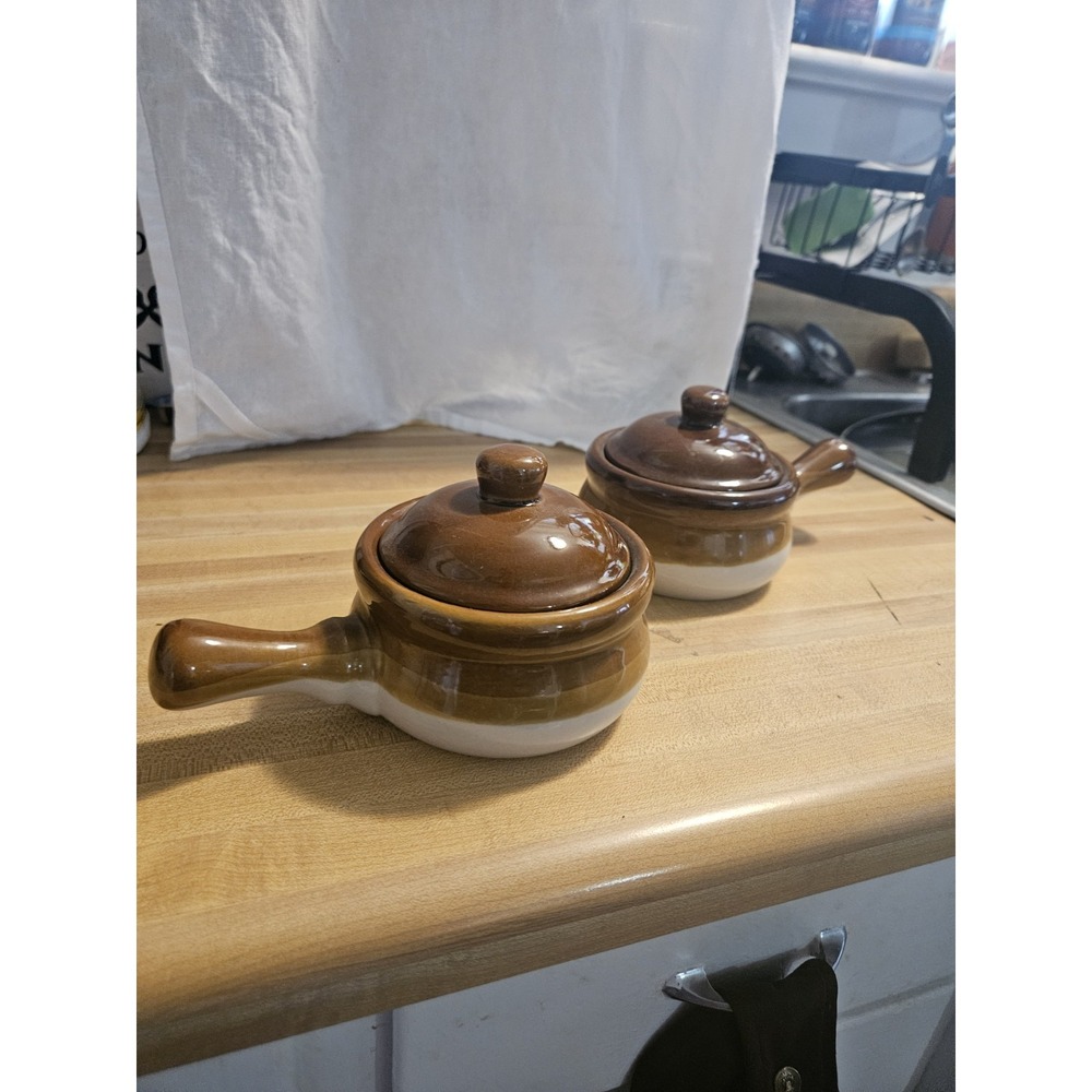 French Onion Soup Crock Bowls Vintage With Lid & Handle